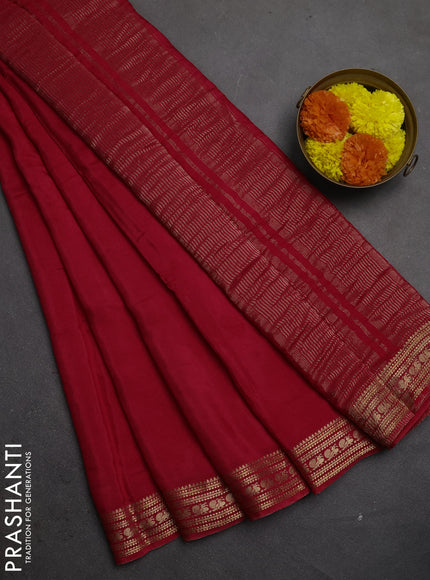 Semi mysore silk saree red with plain body and zari woven border