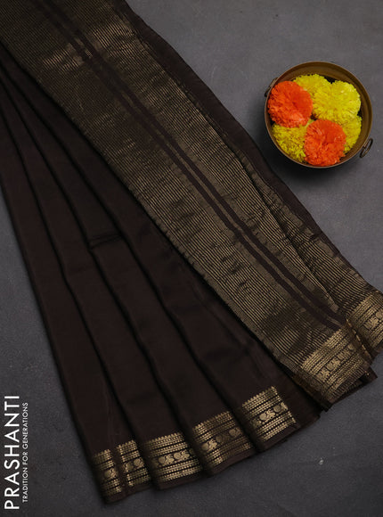 Semi mysore silk saree coffee brown with plain body and zari woven border