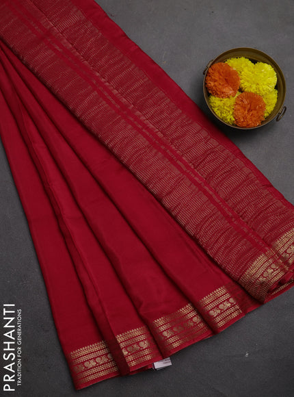Semi mysore silk saree red with plain body and zari woven border