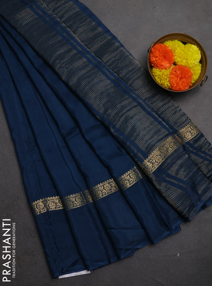 Semi mysore silk saree peacock blue with plain body and zari woven simple border