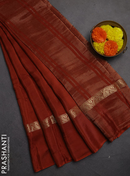 Semi mysore silk saree rust shade with plain body and zari woven simple border