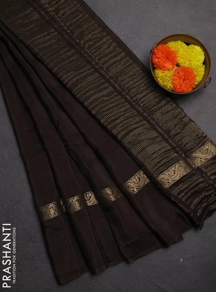 Semi mysore silk saree deep coffee brown with plain body and zari woven simple border