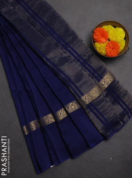 Semi mysore silk saree blue with plain body and long zari woven simple border