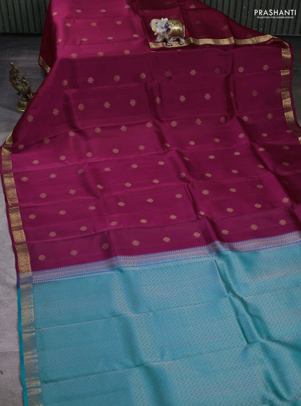 Kanchipuram silk saree dark rani pink and teal green with zari woven buttas and zari woven border