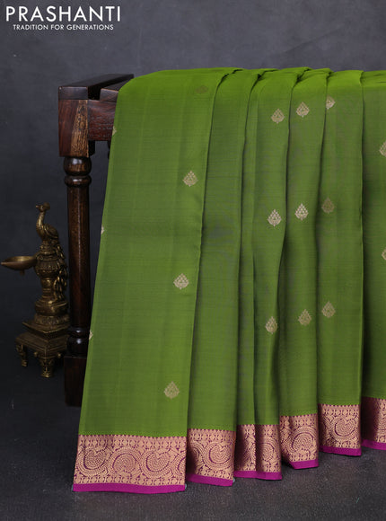 Kanchipuram silk saree mehendi green and purple with zari woven buttas and zari woven border