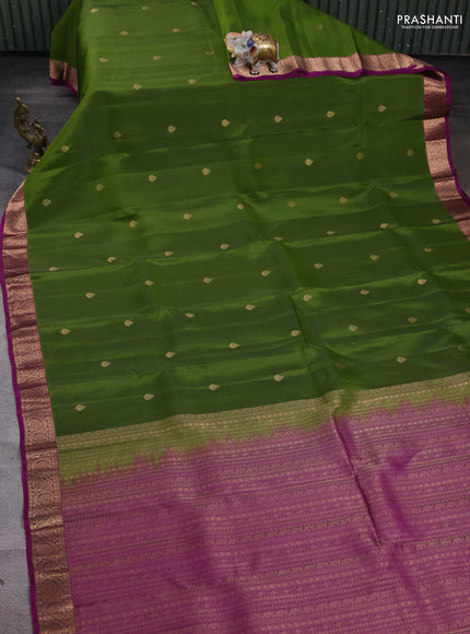 Kanchipuram silk saree mehendi green and purple with zari woven buttas and zari woven border
