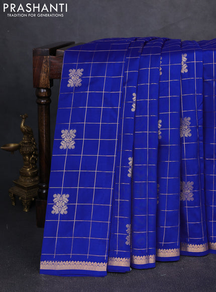 Kanchipuram silk saree royal blue and teal green with allover zari checks & buttas and zari woven border