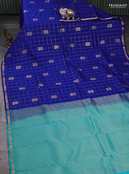 Kanchipuram silk saree royal blue and teal green with allover zari checks & buttas and zari woven border