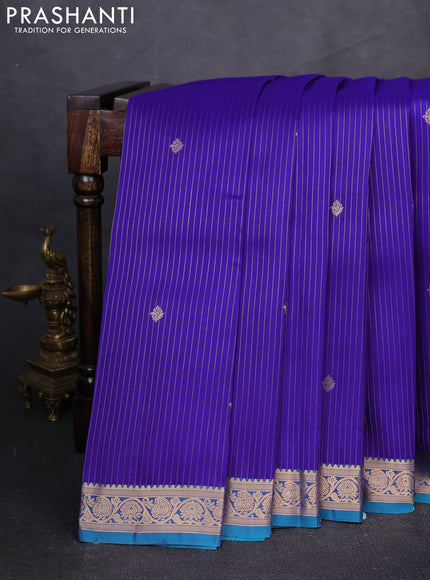 Kanchipuram silk saree blue and teal blue with allover zari stripes & buttas and zari woven border