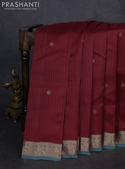 Kanchipuram silk saree maroon and teal green with allover zari stripes & buttas and zari woven border