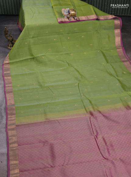 Kanchipuram silk saree pastel green and dual shade of pink with zari woven buttas and zari woven border