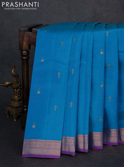Kanchipuram silk saree teal blue and purple with zari woven buttas and zari woven border