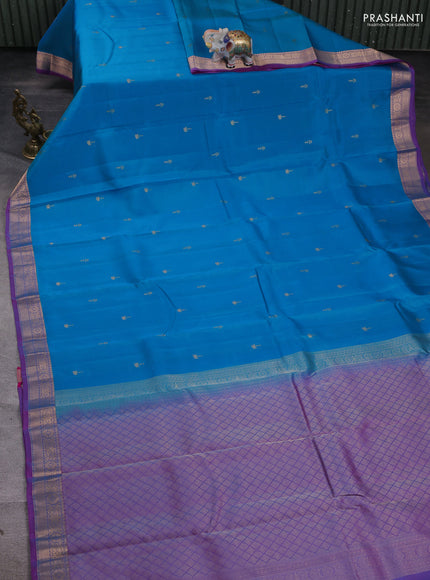 Kanchipuram silk saree teal blue and purple with zari woven buttas and zari woven border