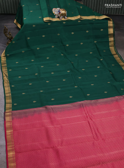 Kanchipuram silk saree bottle green and pink with zari woven buttas and zari woven border