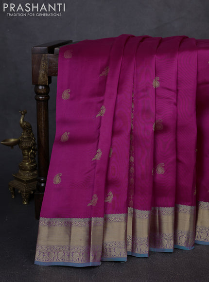 Kanchipuram silk saree pink and dual tone teal green with allover zari weaves & buttas and zari woven border
