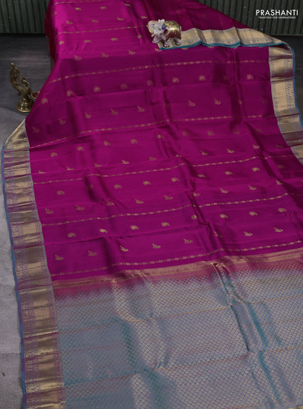Kanchipuram silk saree pink and dual tone teal green with allover zari weaves & buttas and zari woven border