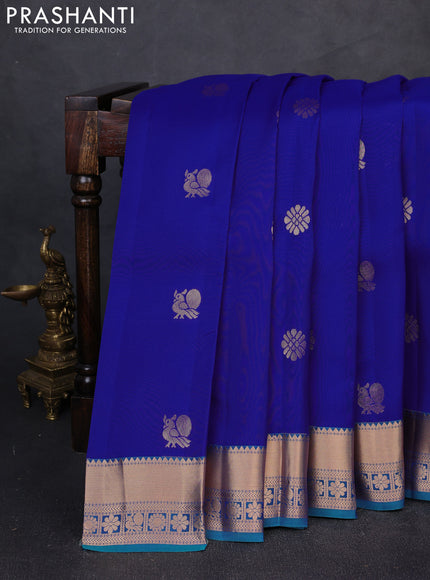 Kanchipuram silk saree royal blue and dual tone teal green with zari woven buttas and zari woven border