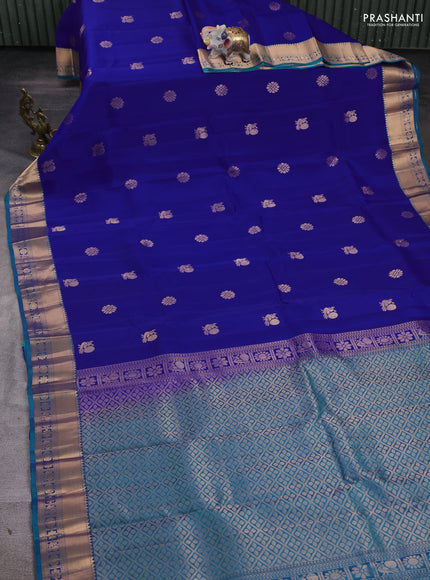 Kanchipuram silk saree royal blue and dual tone teal green with zari woven buttas and zari woven border