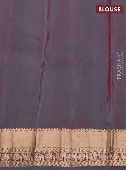 Kanchipuram silk saree tomato pink and dual tone teal green with zari woven buttas and zari woven border