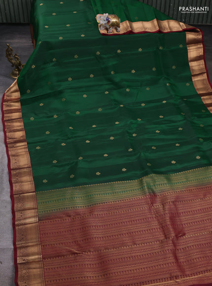 Kanchipuram silk saree bottle green and maroon with zari woven buttas and zari woven border