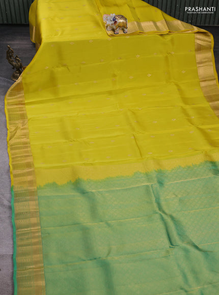 Kanchipuram silk saree yellow and teal green with zari woven buttas and zari woven border