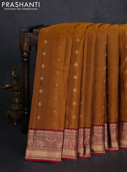 Kanchipuram silk saree dark mustard and maroon with zari woven buttas and zari woven border