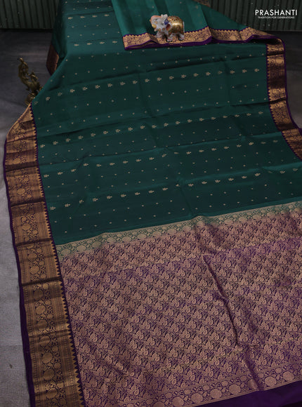 Kanchipuram silk saree teal green and violet with zari woven buttas and zari woven border