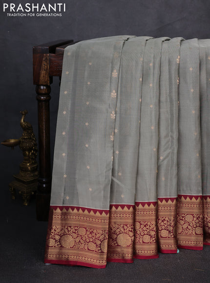 Kanchipuram silk saree grey and maroon with zari woven buttas and zari woven border