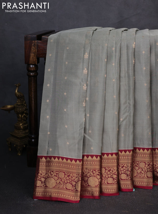 Kanchipuram silk saree grey and maroon with zari woven buttas and zari woven border