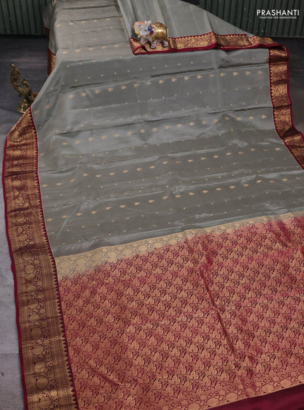 Kanchipuram silk saree grey and maroon with zari woven buttas and zari woven border
