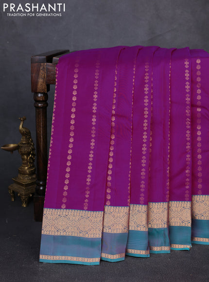 Kanchipuram silk saree purple and teal green with allover zari weaves and rettapet zari woven border