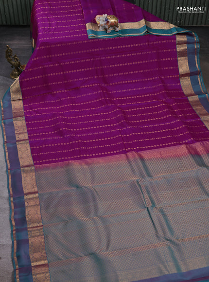 Kanchipuram silk saree purple and teal green with allover zari weaves and rettapet zari woven border