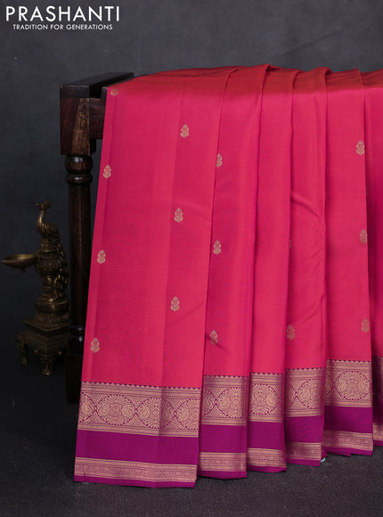 Kanchipuram silk saree dual tone pinkish oorange and purple with zari woven buttas and rettapet zari woven border