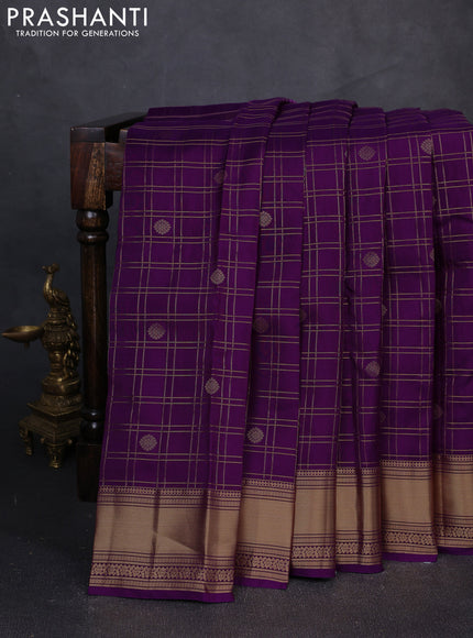 Kanchipuram silk saree purple and beige with allover zari checks & buttas and rich zari woven border