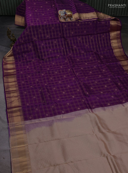 Kanchipuram silk saree purple and beige with allover zari checks & buttas and rich zari woven border