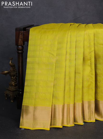 Kanchipuram silk saree lime yellow and teal green with allover zari checks & buttas and rich zari woven border