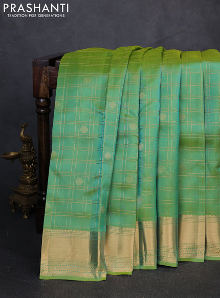 Kanchipuram silk saree teal green and beige with allover zari checks & buttas and rich zari woven border