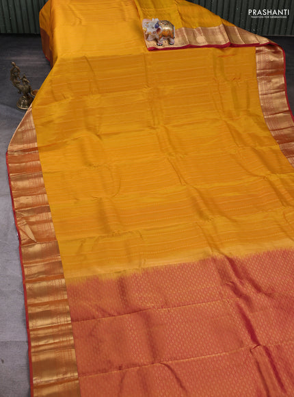 Kanchipuram silk saree mango yellow and dual tone pink with allover zari weaves and zari woven border