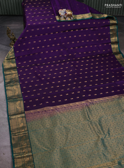 Kanchipuram silk saree violet and teal green with allover zari woven buttas and rich zari woven border