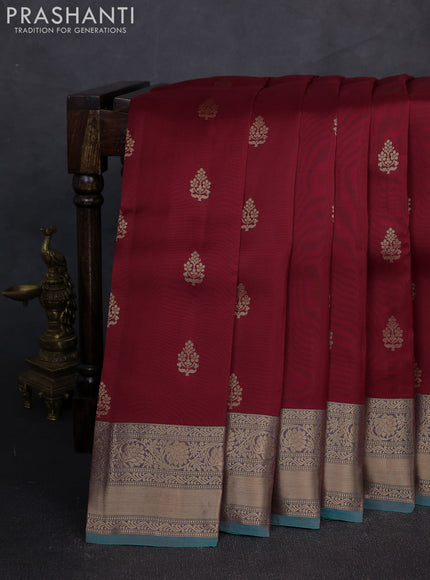 Kanchipuram silk saree maroon and teal blue with zari woven buttas and rich zari woven border