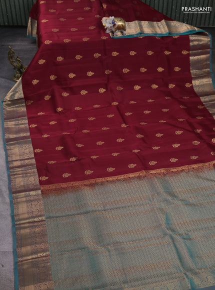 Kanchipuram silk saree maroon and teal blue with zari woven buttas and rich zari woven border