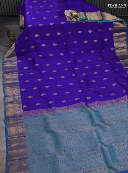 Kanchipuram silk saree royal blue and teal blue with zari woven buttas and rich zari woven border