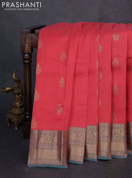 Kanchipuram silk saree peach pink and dual tone teal with zari woven buttas and rich zari woven border