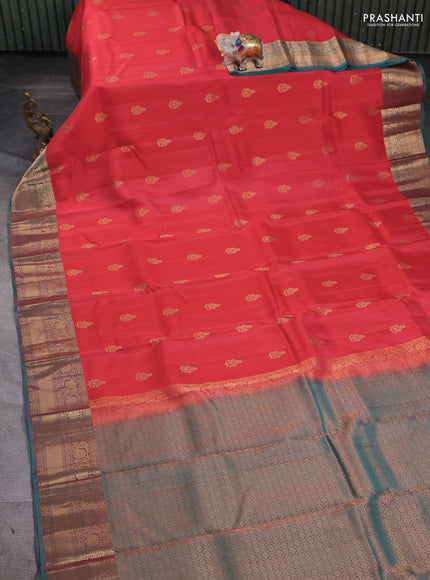 Kanchipuram silk saree peach pink and dual tone teal with zari woven buttas and rich zari woven border