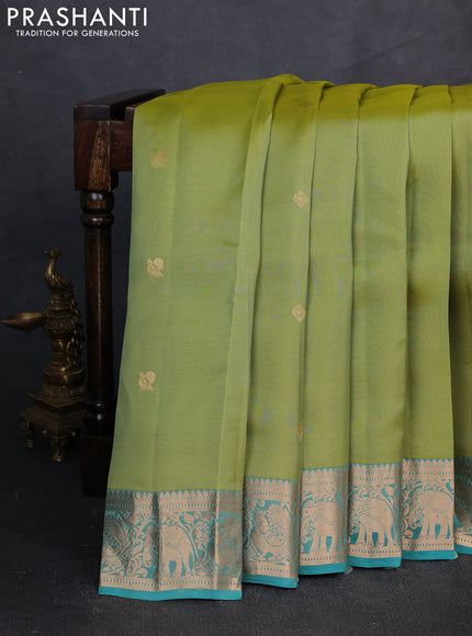 Kanchipuram silk saree pista green and teal blue with zari woven buttas and rich zari woven border
