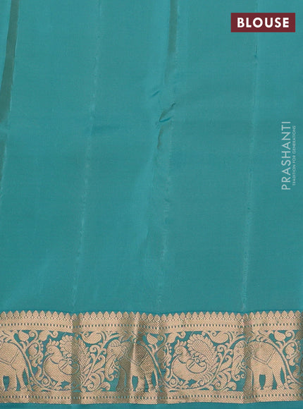 Kanchipuram silk saree pista green and teal blue with zari woven buttas and rich zari woven border