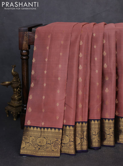 Kanchipuram silk saree dark peach and navy blue with allover zari woven buttas and rich zari woven border