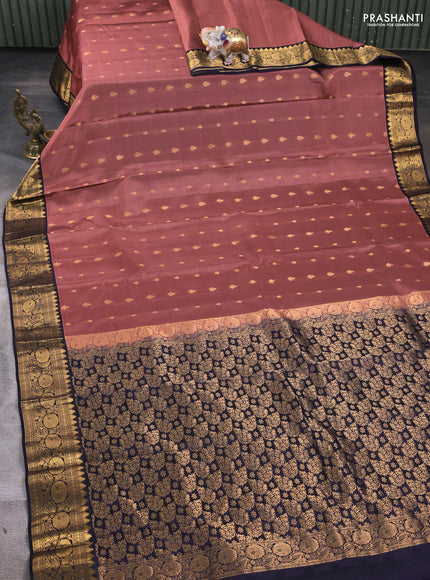Kanchipuram silk saree dark peach and navy blue with allover zari woven buttas and rich zari woven border