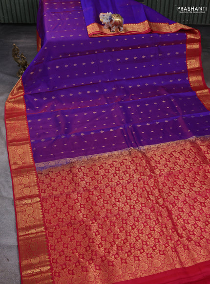 Kanchipuram silk saree purple and red with allover zari woven buttas and rich zari woven border