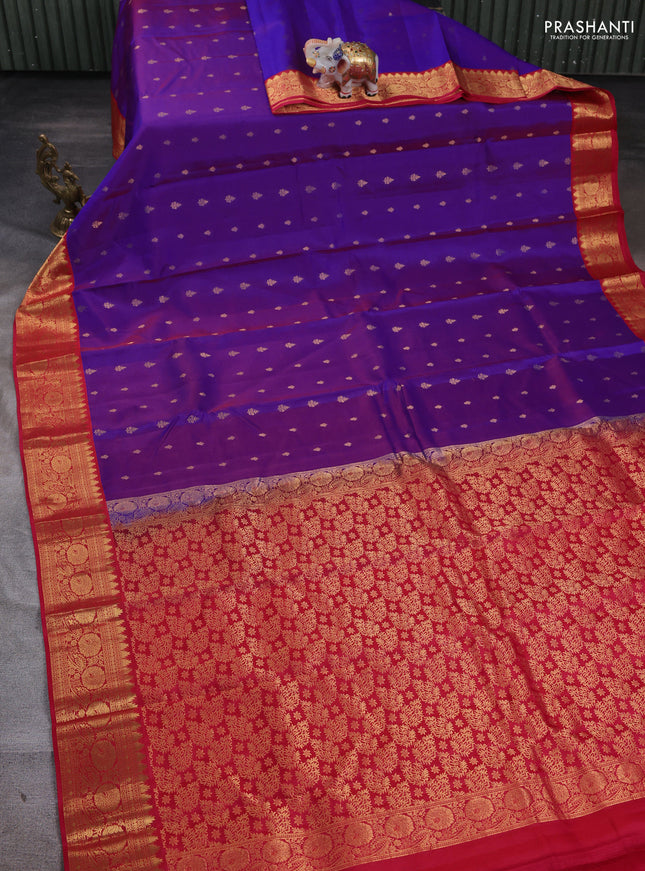 Kanchipuram silk saree purple and red with allover zari woven buttas and rich zari woven border
